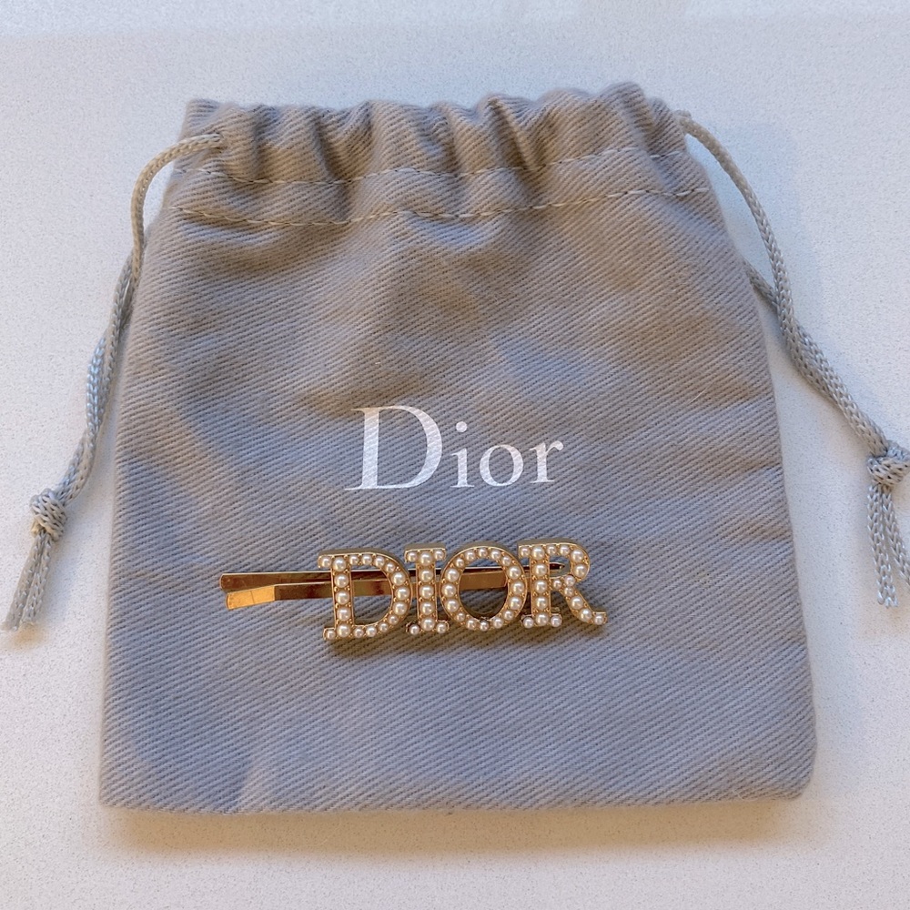 Christian Dior Logo Pearl Barrette Hair Pin Gold